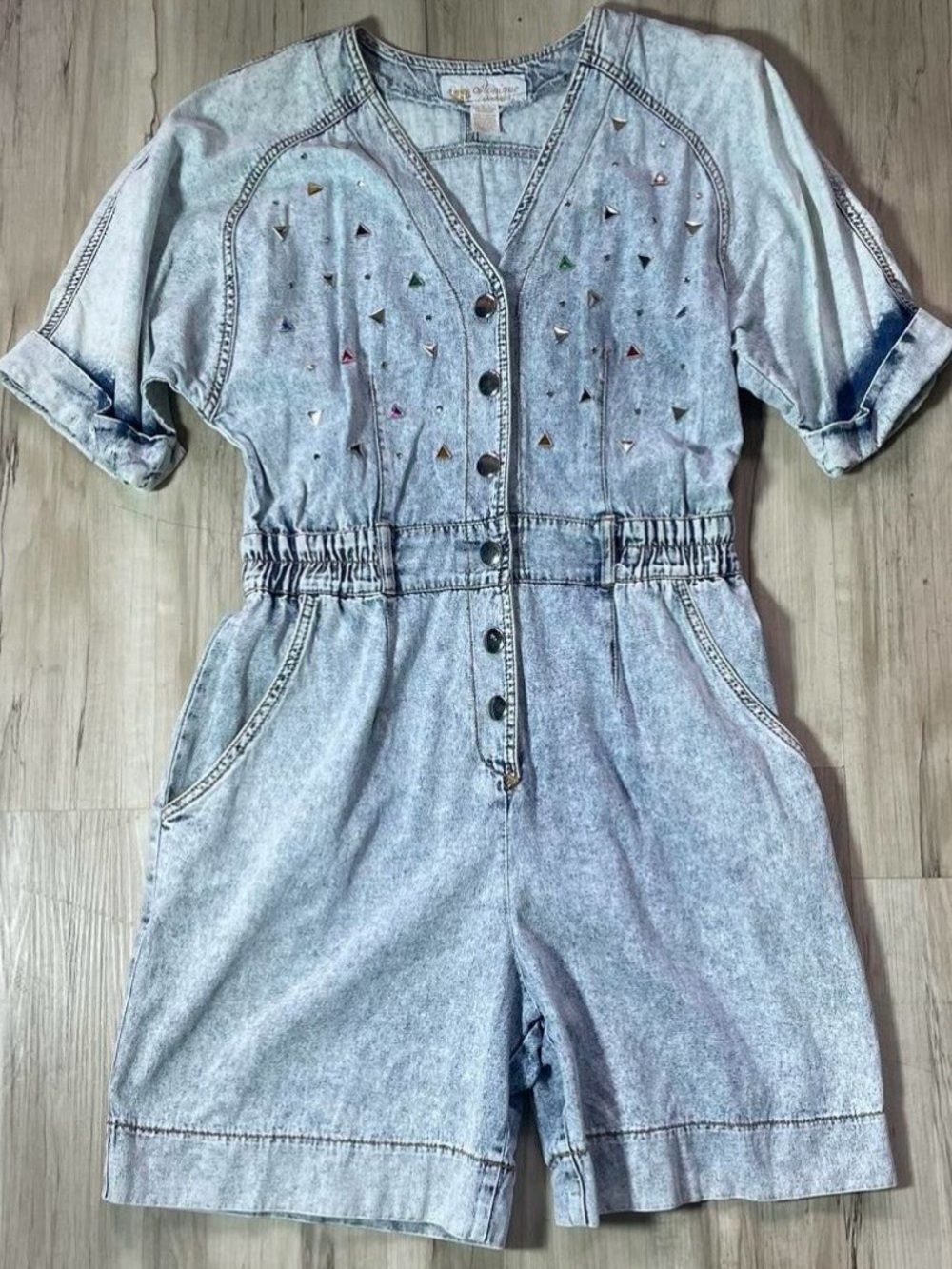 Acid Wash Denim Short Jumpsuit with Stud Embellishments